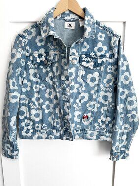 Disney Minnie Mouse Womens Denim Jacket Small Floral Print Cropped Blue Jean